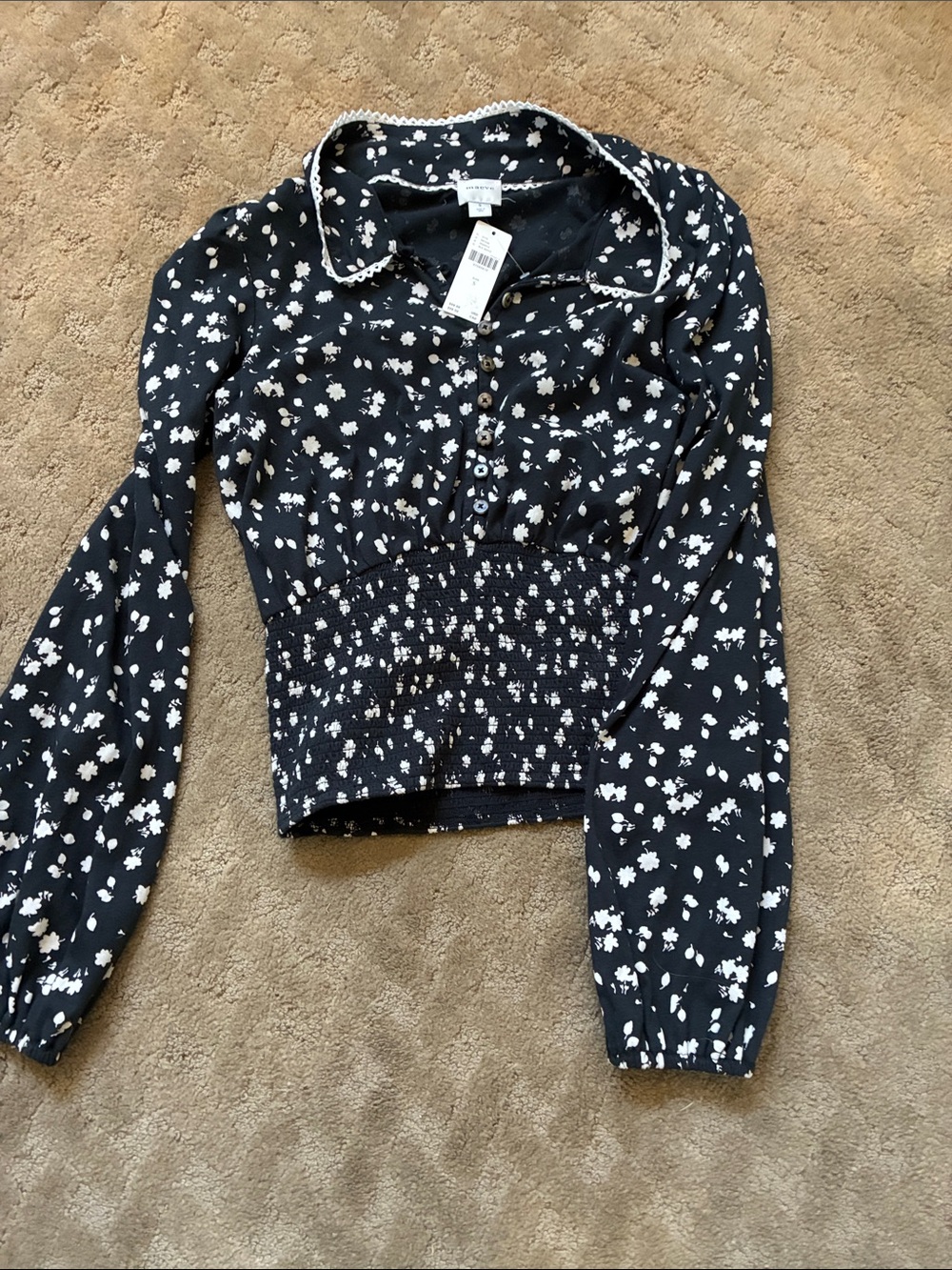 Mauve Black Floral Smocked-Hem Button Blouse